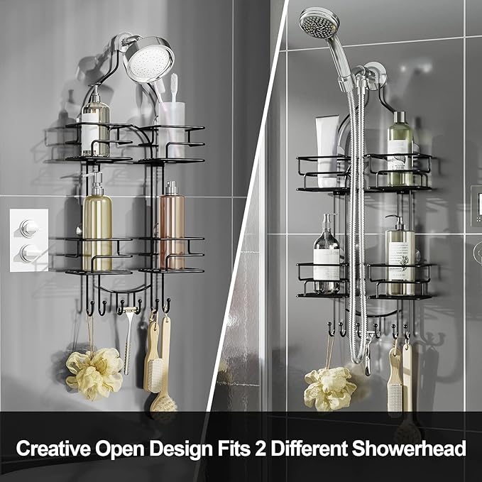 SRIWATANA Shower Caddy Hanging Over Head, Bathroom Shower Organizer Shower Rack Holder with Hooks for Razors - Black