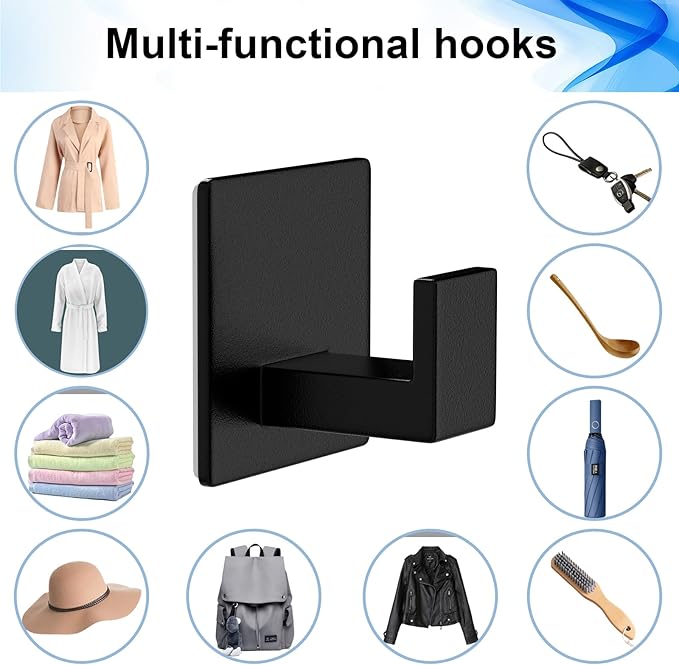 Adhesive Towel Hooks, Shower Hooks for Hanging Robe, Coat, Hat, Loofah, Heavy Duty Wall Hooks Stick on Bathroom, Kitchen and Office (4 Pack, Black)