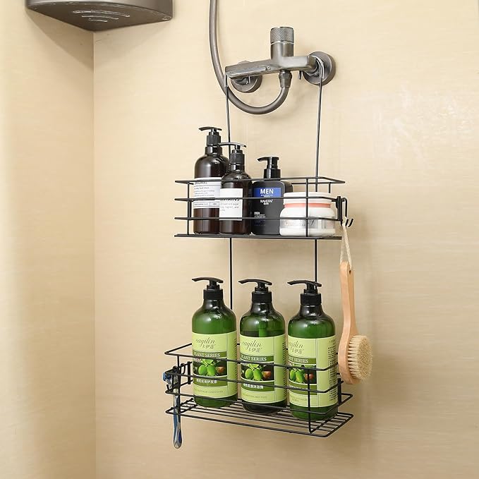 Shower Organizer Hanging Shower Caddy with Rotatable Hook bar Over the Door and Can be Hung on the Faucet or Claw Foot, Stainless Steel Rust Proof and Durable （Black）