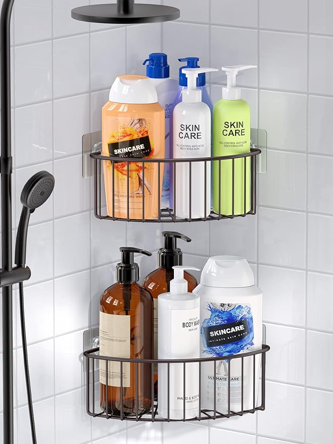 SMARTAKE 2-Pack Corner Shower Caddy Deep Basket Design, SUS304 Stainless Steel, Wall Mounted Bathroom Shelf with Adhesive, Storage Organizer for Toilet, Dorm and Kitchen (Bronze)