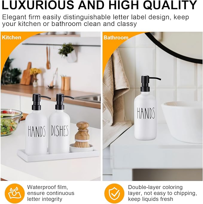 Glass Soap Dispenser for Kitchen, Farmhouse Dish Hand Soap Dispenser Set, Rustproof Pump Dispenser Set with Tray and Dish Brush, Kitchen Decor（White）