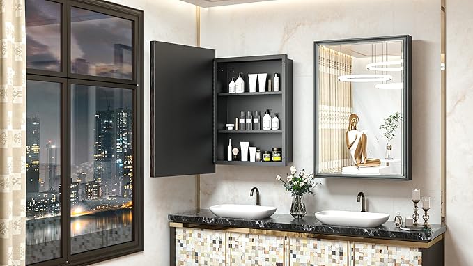 TokeShimi 24x36 Recessed Medicine Cabinet with Mirror Wall Mounted, Aluminum Alloy Black Mirrored Medicine Cabinet, Metal Beveled Mirror with Storage for Bathroom Vanity