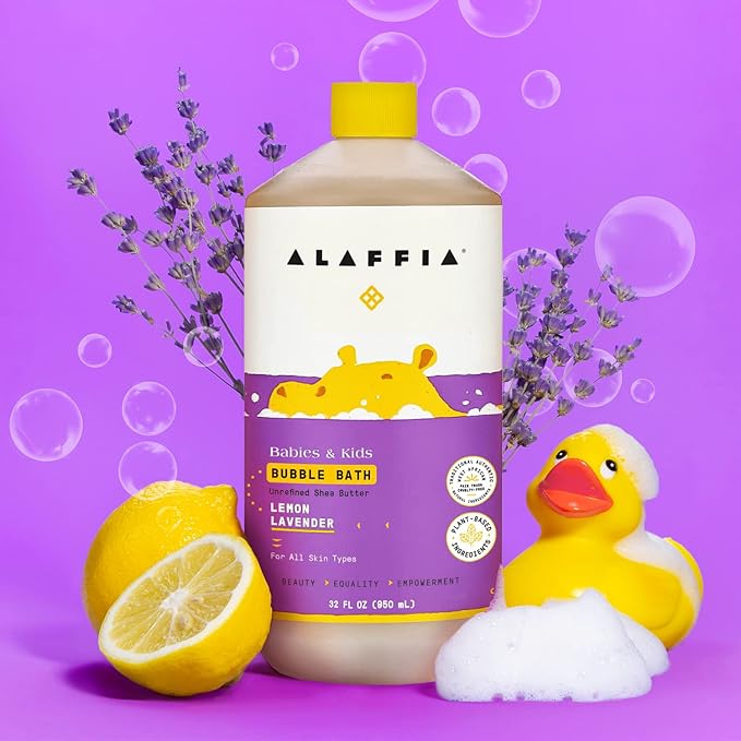 Alaffia Babies and Kids Bubble Bath, Gentle Baby Essentials for Delicate Skin, Cleansing & Calming Bubbles, Plant Based Formula, Vegan, Lemon Lavender (2 Pack - 32 Fl Oz Ea)