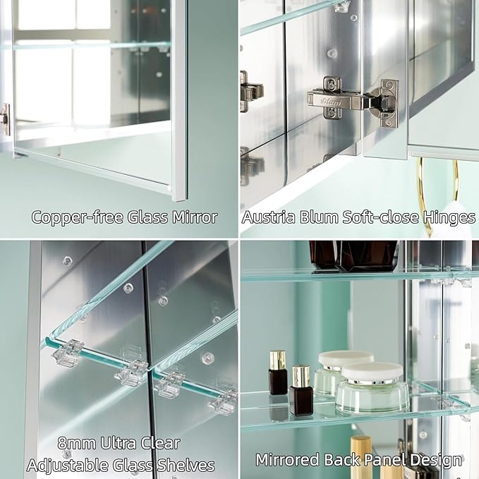 WELLFOR 36" x 30" Rectangle Medicine Cabinet Mirror, Surface Mount or Recessed Medicine Cabinet with Tempered Mirror, Anodized Chrome Aluminum Frame, Bathroom Mirror with Storage