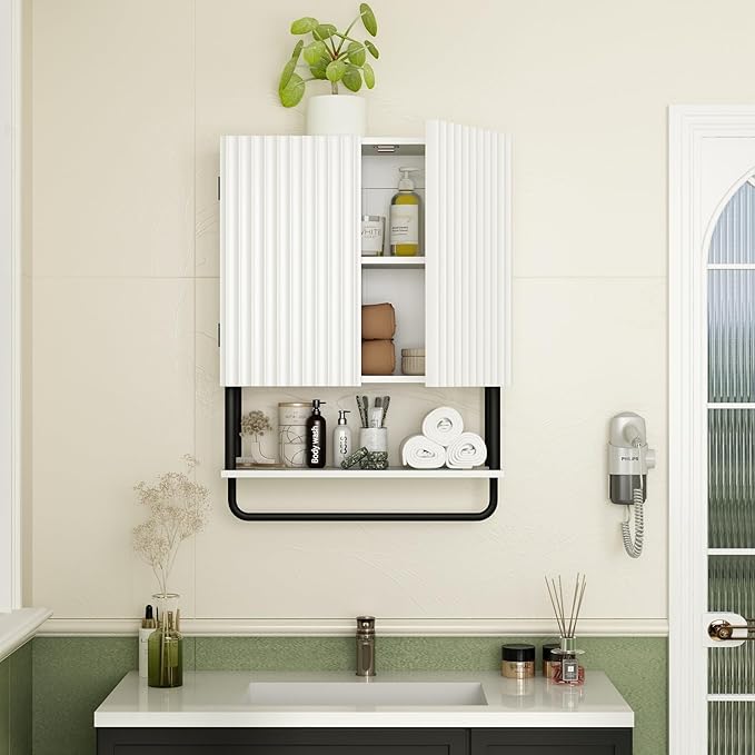 RUSTOWN Fluted Bathroom Wall Cabinet with 2 Doors, 3-Tier Modern Farmhouse Medicine Cabinet, Over The Toilet Storage Cabinet with Adjustable Shelf and Towel Bar (White, Medium)