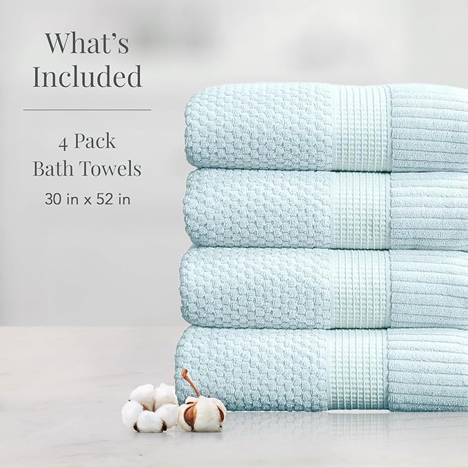 NY Loft 100% Cotton Bath Towels 4 Pack | Super Soft & Absorbent Quick-Dry Bath Towels 30" x 52" | Textured and Durable Cotton | Trinity Collection (4 Pack Bath Towel, Seafoam)