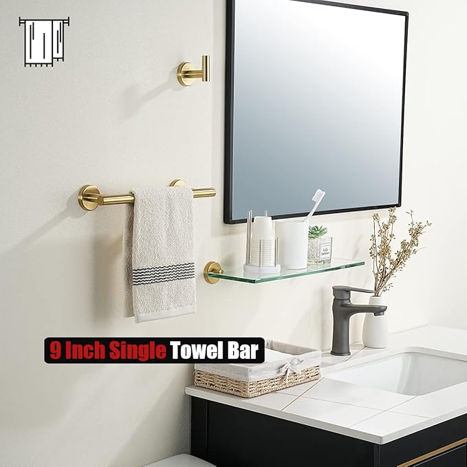 JQK Bathroom Towel Bar, Brushed Gold 12 Inch 304 Stainless Steel Thicken 0.8mm Towel Rack, Towel Holder Wall Mount, Useable Length 9 Inch TB110L9-BG