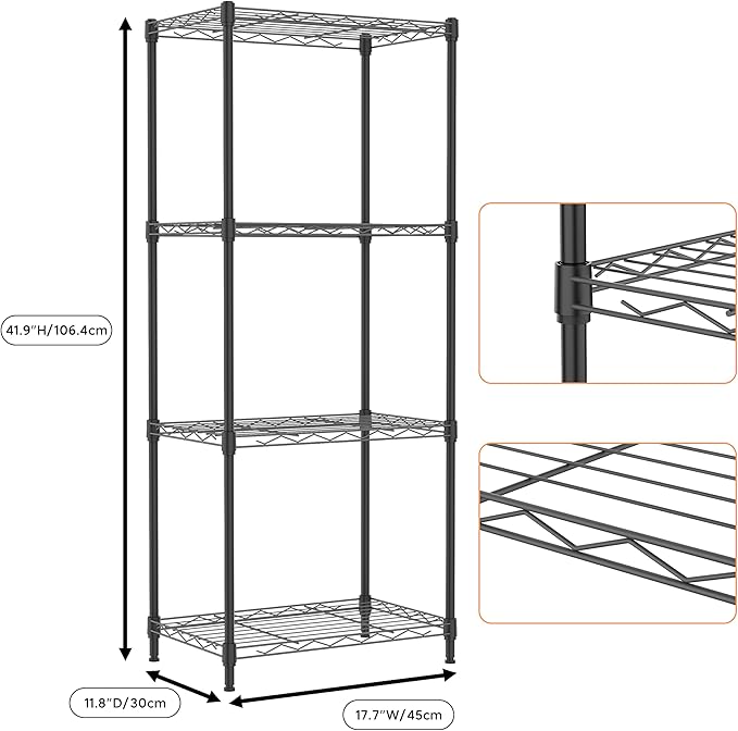 4 Tiers Shelf Metal Storage Shelves Wire Rack Closet Organizers with Wheel for Garage Kitchen Bathroom Laundry Black 11.8" D x 17.7" W x 41.9" H