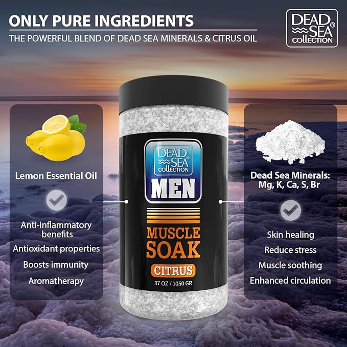 Dead Sea Collection Bath Salts for Men with Citrus Oil - Muscle Recovery Bath Soak – Mens Pure Dead Sea Salt for Soothing and Relaxing – 37 Oz