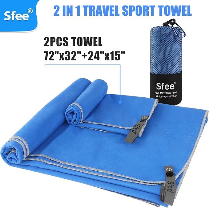 Sfee 2 Pack Microfiber Travel Towel, Quick Dry Camping Towel Large Beach Towel Super Absorbent Compact Lightweight Sports Gym Towels Set for Beach, Gym, Hiking, Pool, Backpacking,Bath,Yoga