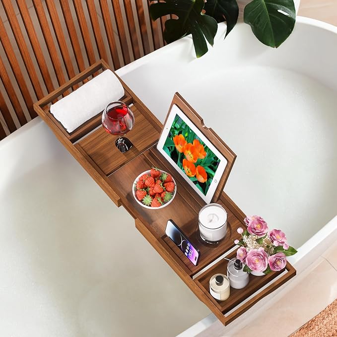 Wooden Bathtub Tray for Luxury Bathroom, Expandable Premium Teak Bath Tray, Adjustable Bath Accessories for Tub, as Unique Housewarming, Holiday, Birthday Gifts
