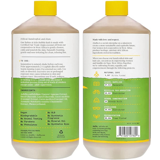 Alaffia Babies and Kids Bubble Bath, Gentle Baby Essentials for Delicate Skin, Cleansing & Calming Bubbles, Plant Based Formula, Vegan, Coconut Chamomile (2 Pack - 32 Fl Oz)