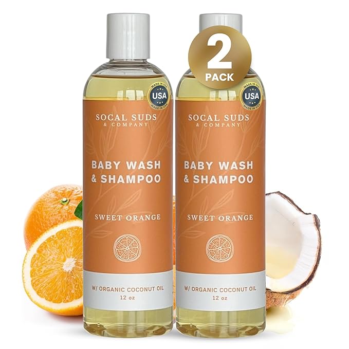 SoCal Suds & Company Organic Baby Shampoo and Body Wash - 2-in-1 Castile Soap, Hypoallergenic, Sensitive Skin, Natural Soap, Toddler Shampoo, Infant, Newborn, Kids Body Wash - 12oz Sweet Orange 2Pk