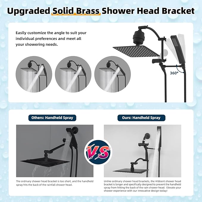 Hibbent All Metal 10'' Filtered Rainfall Shower Head with Handheld Combo, High Pressure Shower Wand, 16'' Adjustable Extension Arm, 20 Stage Shower Filter, 71'' Hose, Shower Holder, Matte Black