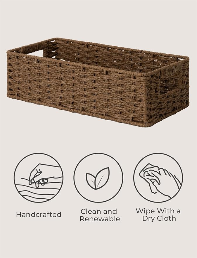 StorageWorks Toilet Tank Tray, Brown Round Paper Rope Bathroom Baskets for Organizing, Toilet Tank Basket, Toilets Organizer with Built-in Handles, 14 ¼"L x 6 ¾"W x 3 ¾"H, 1 Pack