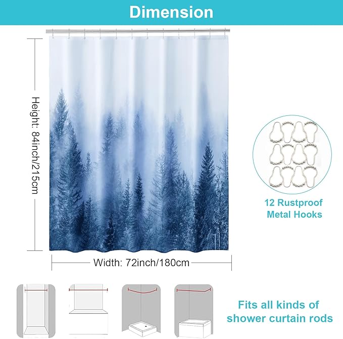ORTIGIA 84 Inch Long Blue Misty Forest Shower Curtain for Bathroom, Nature Woodland Shower Curtain Set with Hooks, Decorative Pine Tree Fog Magic Bath Curtain, Waterproof Fabric, Weighted, 72x84