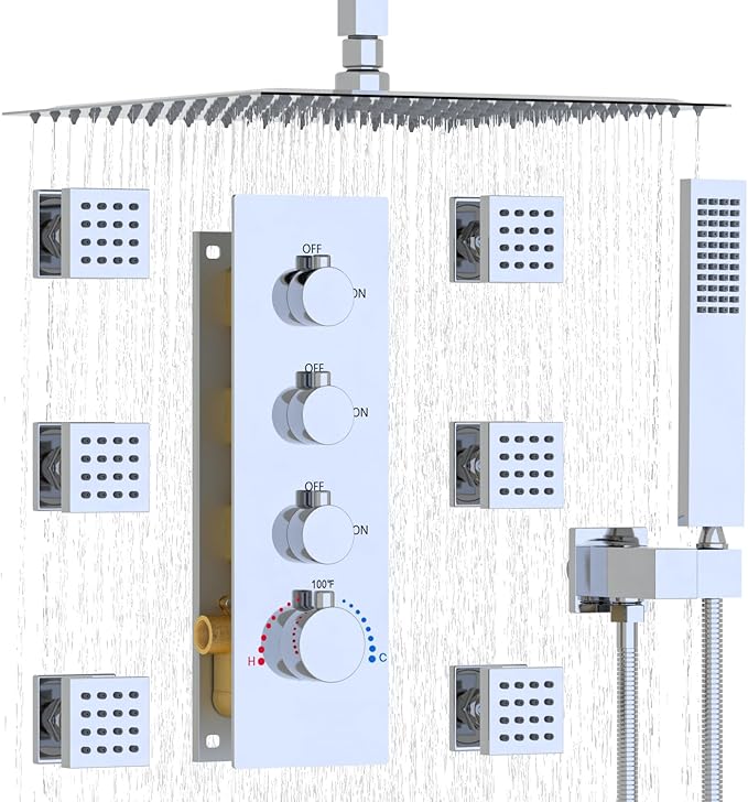 Enga Shower Jets System in Wall, 16 Inch Rain Shower Head with Body Spray Thermostatic Shower Faucet Set, Can Use All Functions At a Time (Volume Adjustable)