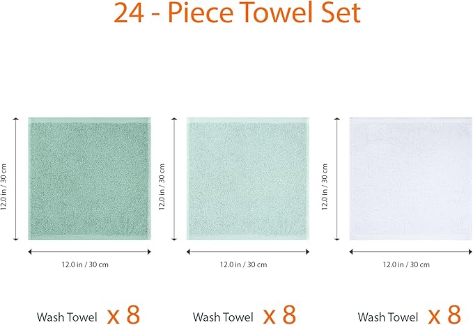 Amazon Basics Cotton Washcloths for Bathroom, Fast Drying, Extra Absorbent, 12 x 12 in, Seafoam Green, Ice Blue, White, 24-Pack