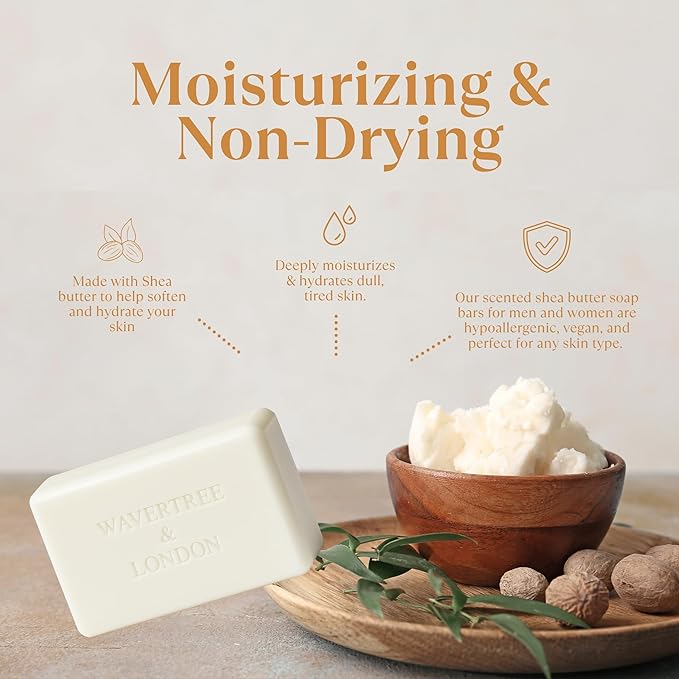 Wavertree & London Honey Almond Scented Natural Soap (2 Bars), 7oz Moisturizing French Triple Milled Soap Bars enriched with shea butter - Pure Plant Based Bath & Body Bars for All Skin Types