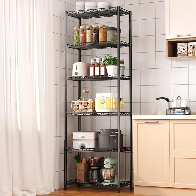 HOMEFORT 6-Tier Wire Shelving, 6 Shelves Unit Metal Storage Rack, Durable Organizer, Perfect for Pantry Closet Kitchen Laundry Organization (Black)