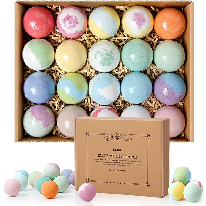 Bath Bombs Set, 20 pcs Natural Shea Butter & Safe Oil Bath Bomb for Skin Moisturizing, Handmade Bubble Bath & Fizzy, Ideal Presents for Women