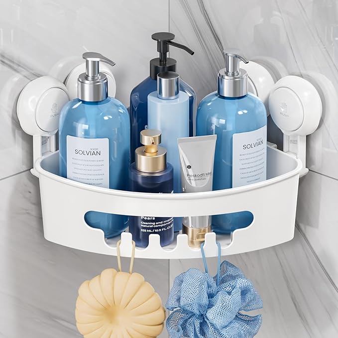 TAILI Corner Shower Caddy with Suction Cups, Wall Mounted Organizer Plastic Rack for Small Bathrooms, Kitchen, Removable Drill-Free Heavy Duty Shelf Basket, White