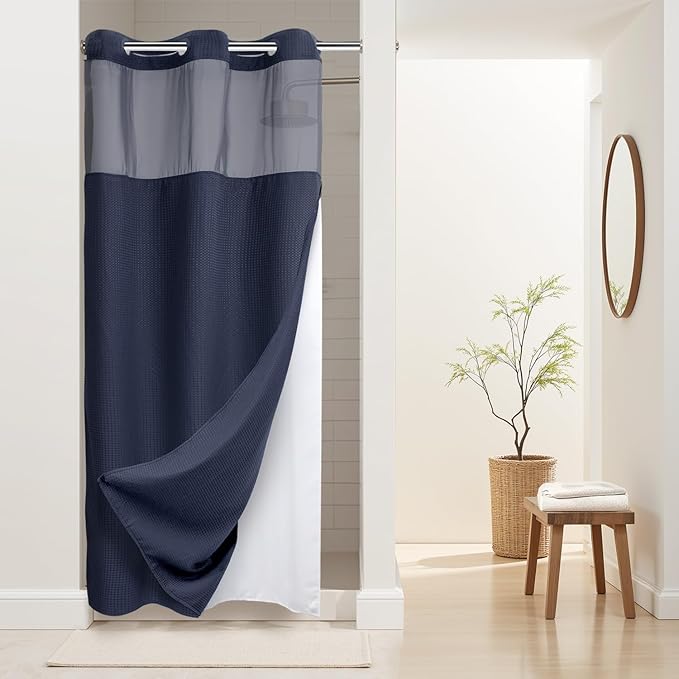 River Dream Stall Heavyweight No Hooks Required Dotted Waffle Weave Shower Curtain with Snap in Liner - 36W x 74H,Hotel Grade,Spa Like Bath Curtain,Navy