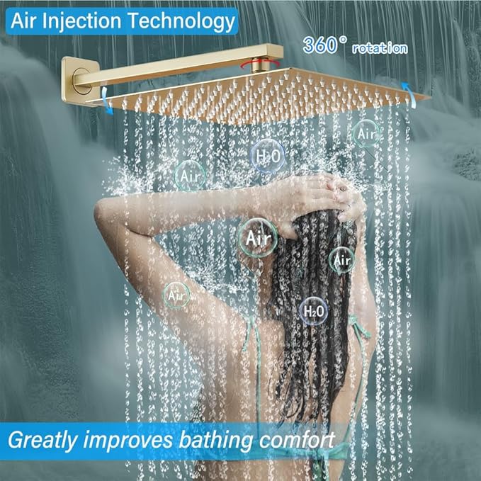 Shower Faucet Set Complete, Wall Mount Shower System for Bathroom 12 Inch High-Pressure Rainfall Shower with Handheld, Rough-in Valve Body and Trim Kit, Brushed Gold