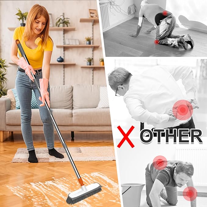 Floor Scrub Brush with Long Handle, Stiff Bristles Deck Brush, BITOPE Multi-Purpose Heavy Duty Hardwood Floor Scrubber, Cleaning Concrete Balcony Patio Garage Outdoor/Indoor