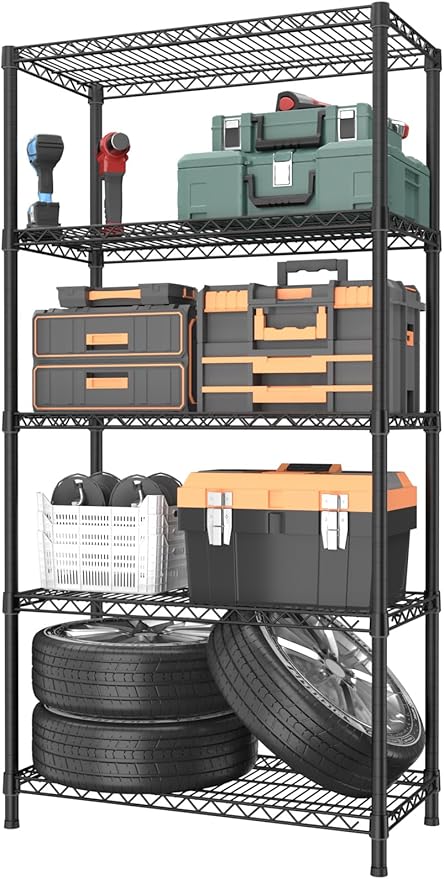 5 Tier Heavy Duty Adjustable Storage Shelf Organizer Storage Metal Shelves Garage Wire Shelving Unit Pantry Rack 18" D x 36" W x 71.25" H,Black