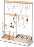 DreamGenius Jewelry Organizer Stand with Velvet Ring Holder, 4 Tier Jewelry Holder Organizer with 15 Hooks for Necklaces and 16 Holes for Earrings, White