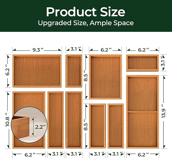 10-Piece Bamboo Drawer Organizer Set, 2.2" Deep Multi-Use Organizers for Utensils, Silverware, Cutlery, Desk, Bathroom, Junk Drawer & Makeup, Non-Slip Feet Included.