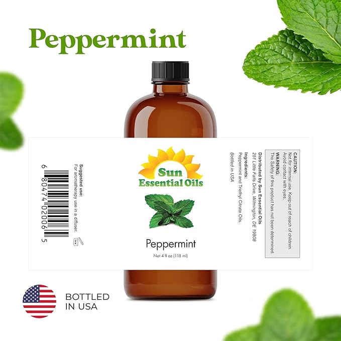 Sun Essential Oils - Peppermint Essential Oil (4 oz) with Dropper for Diffuser, Humidifier, Skin & Aromatherapy Body Massage, Candle & Soap Making for Home