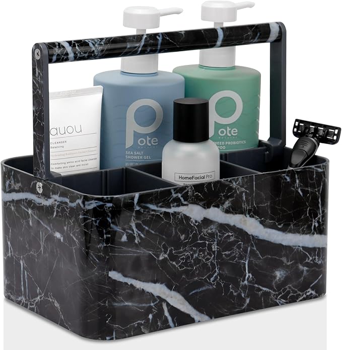 Plastic Shower Caddy Dorm: Portable Bathroom Caddy Organizer for College with Handle and Adjustable Divider, Utility Hard Shower Basket Bath Tote for Toiletry, Shampoo, Soap (Black Marble)