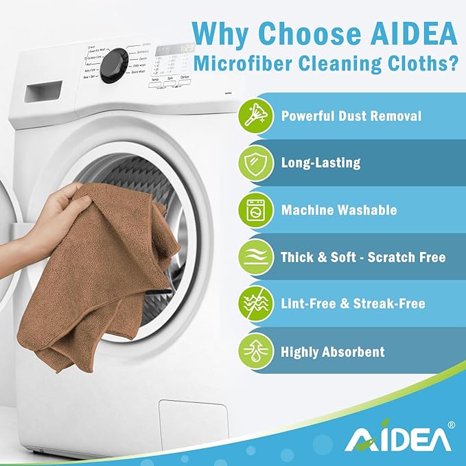 AIDEA Microfiber Cleaning Cloth-12PK, Soft Microfiber Towels for Cars, Absorbent Cleaning Rags, Lint-Free Streak-Free Wash Cloths for House, Kitchen, Window(12in.x12in), Brown