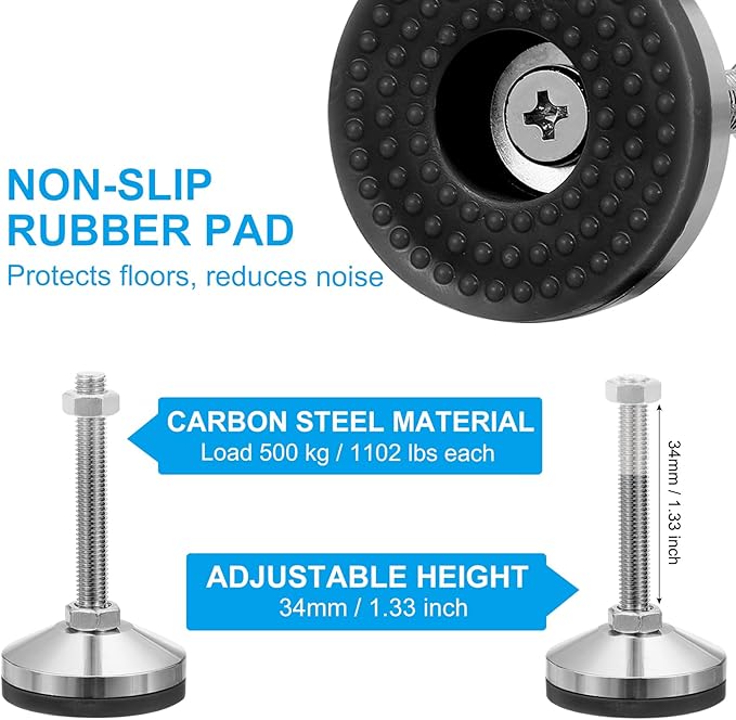 PATIKIL Furniture Leveling Feet 2.4" Dia Base M12 Thread, 4 Pcs Carbon Steel Adjustable Threaded Furniture Levelers Screw on Leg Leveler with Pads for Desk Chair Cabinet,Black/Silver