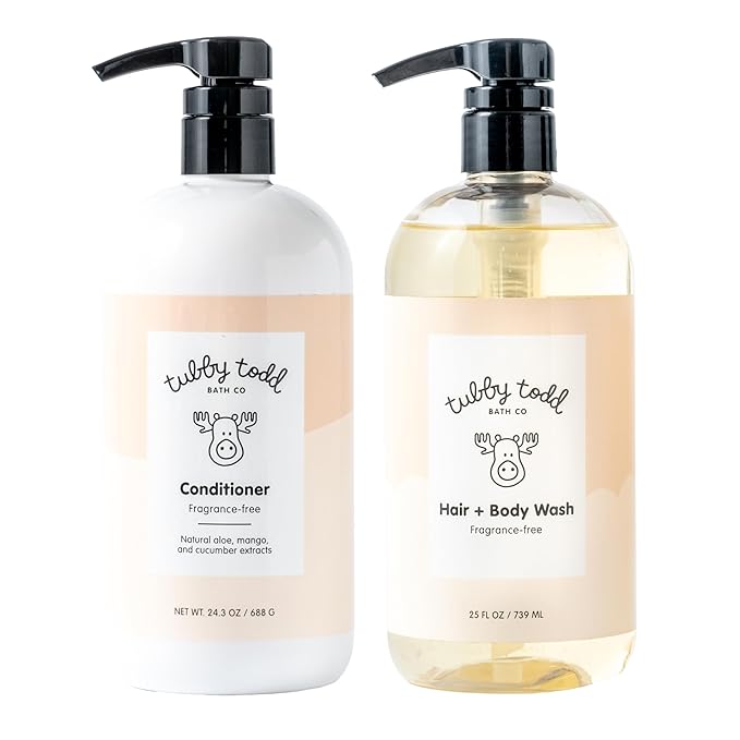 TUBBY TODD Hair Duo - Baby Shampoo and Conditioner Set - Gentle & Moisturizing Hair Care - Hypoallergenic, Non-Irritating - For Newborns, Toddlers & Kids - 25 Fl Oz & 24.3 Fl Oz - Fragrance-Free