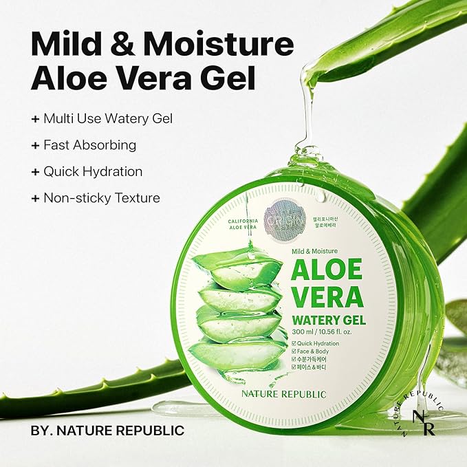 Nature Republic MILD & MOISTURE ALOE VERA WATERY GEL (3 PCS) Quick Hydration & Moisturizing,fast absorbing non-sticky texture,korean skin care for Face,Hair,Sunburn relief, aftershave, all Skin Types