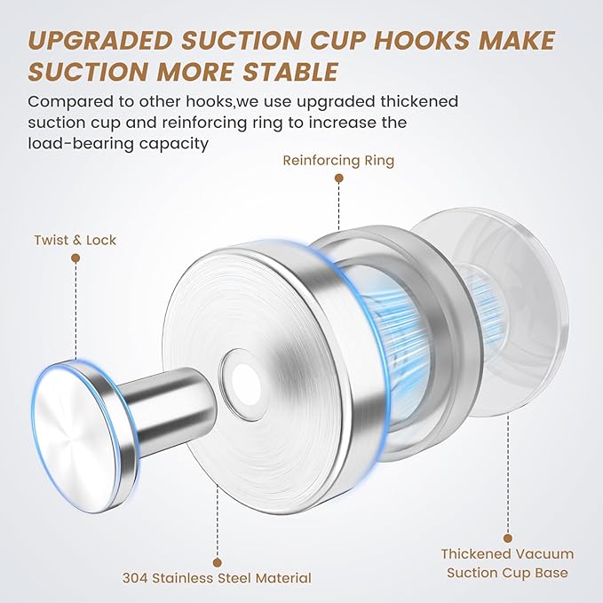 BKV Suction Cup Hooks for Glass Window,Removable Shower Hooks for Inside Shower,Metal Towel Hooks for Bathrooms,4 Pack(Silver)