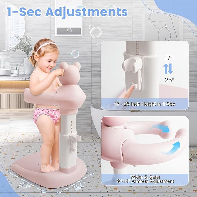Adjustable Baby Shower Stand with Slip Base,Huggable Bear Bathing Support,Portable Shower Baby Stand,Bath Standing Shower, Baby Bath Seat(Pink)