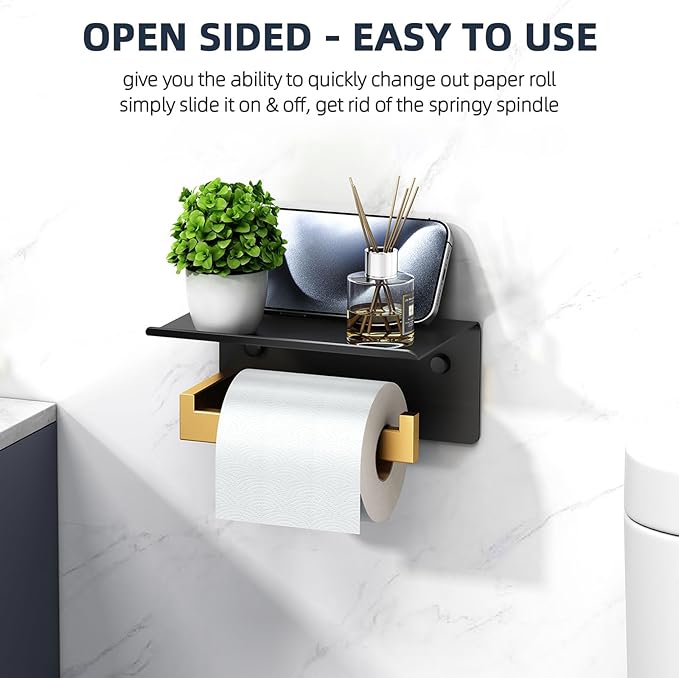 Angle Simple Toilet Paper Holder with Shelf, 304 Stainless Steel Bathroom Tissue Roll Holder for Wall Black and Gold