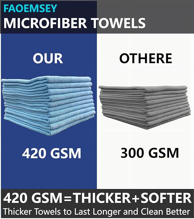 Microfiber Towels,10-Pack,16"x16",420GSM Edgeless,Soft Absorbent,Professional Polishing,Wax Removal,Car Detailing,Home Cleaning Rays,Sky Blue