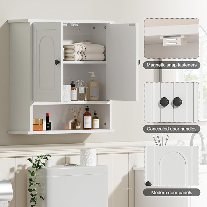 Bathroom Medicine Cabinet,2 Doors White Bathroom Wall Cabinet with Arched,Over Toilet Storage Cabinet for Laundry Room/Kitchen/Living Room,Surface Mount Medicine Cabinets 23x24