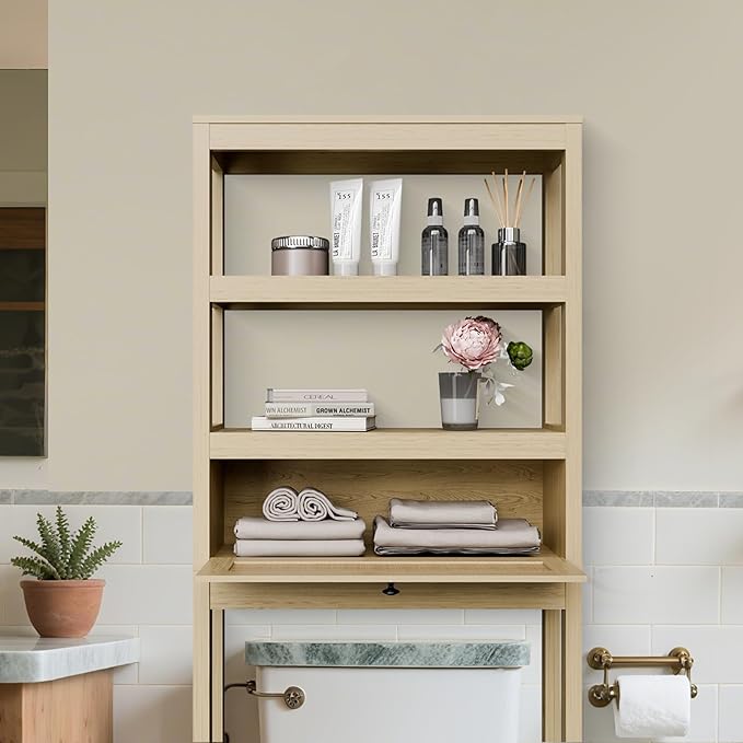Over The Toilet Storage Cabinet, 3-Tier Behind Toilet Bathroom Organizer, Wooden Above Toilet Storage Shelf with Rattan Door, Space Saver for Restroom, Bathroom, Laundry