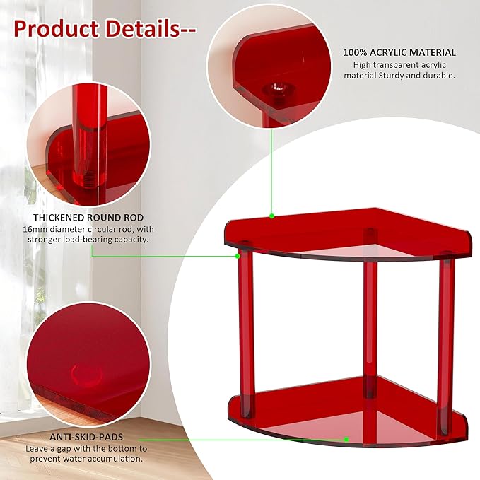 2 Tier Countertop Corner Organizer Shelf 7x7x8 Inch, Red Acrylic Bathroom Corner Shelf for Countertop, Vanity Storage for Skincare, Cosmetics, Perfume