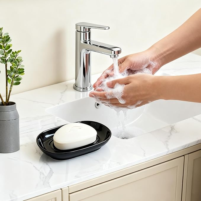 Ceramic Soap Dish for Bath Sink- Modern Black Bar Soap Holder for Shower - Easy to Clean Multi-Purpose Oval Soap Dishes for Soap Bar, Sponges, Jewelry, Small Items | Fits Bathroom & Kitchen