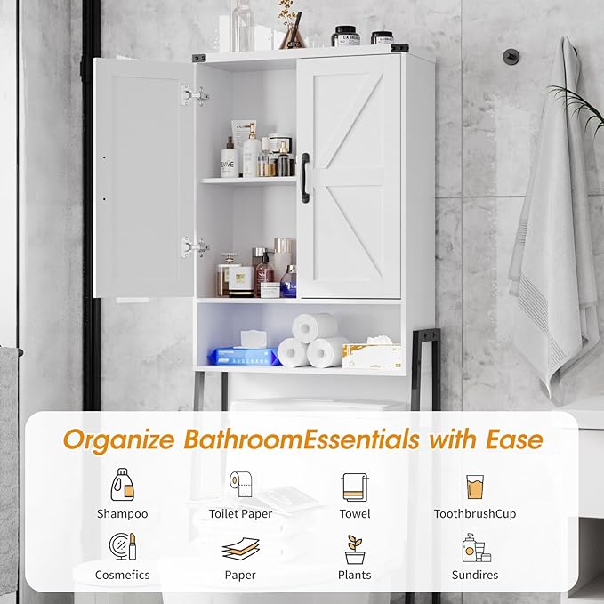 Over The Toilet Storage Cabinet with 2-Door Design Bathroom Organizers and Storage with Anti-Tip Device Over Toilet Organizer with Shelves for Bathroom,Restroom,Laundry White