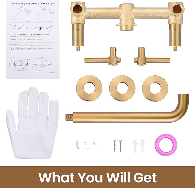 ALEASHA Wall Mount Tub Filler Tub Faucet High Flow Bathtub Faucets Two Handles Solid Brass, 12" Long Spout Reach, Brushed Gold