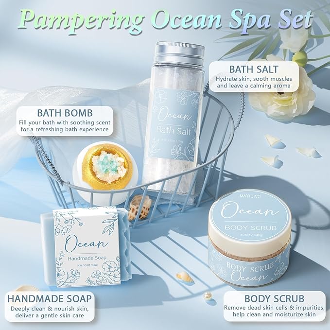 Spa Gifts for Women Bath Gift Set, Ocean Relaxing Spa Gift Baskets Home Bath Set Self Care Kit Care Package Thank You Christmas Birthday Gifts for Women Mom Her Friends Sister Teen Girls Wife Grandma