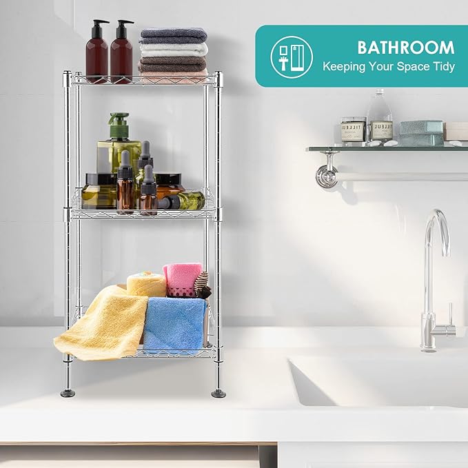 BNSPLY 3-Tier Adjustable Shelving Unit, Metal Wire Rack with NSF Certified, Leveling Feet, Standing Storage Shelf for Laundry, Bathroom, Kitchen, Pantry, Closet, Chrome